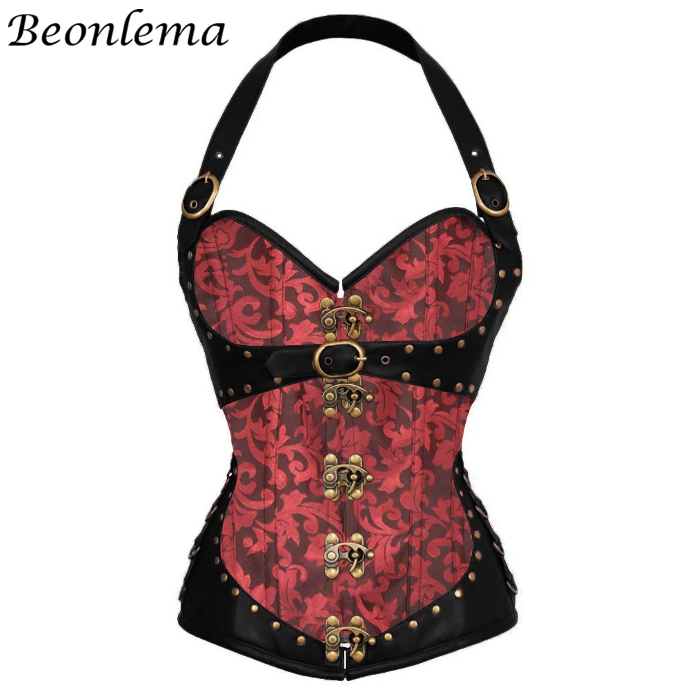 Beonlema Steampunk Corset Red Gothic Clothing Sexy Bustiers Brown Vintage Female Bodice Overbust Tops Corsage Party Costume - Цвет: Красный
