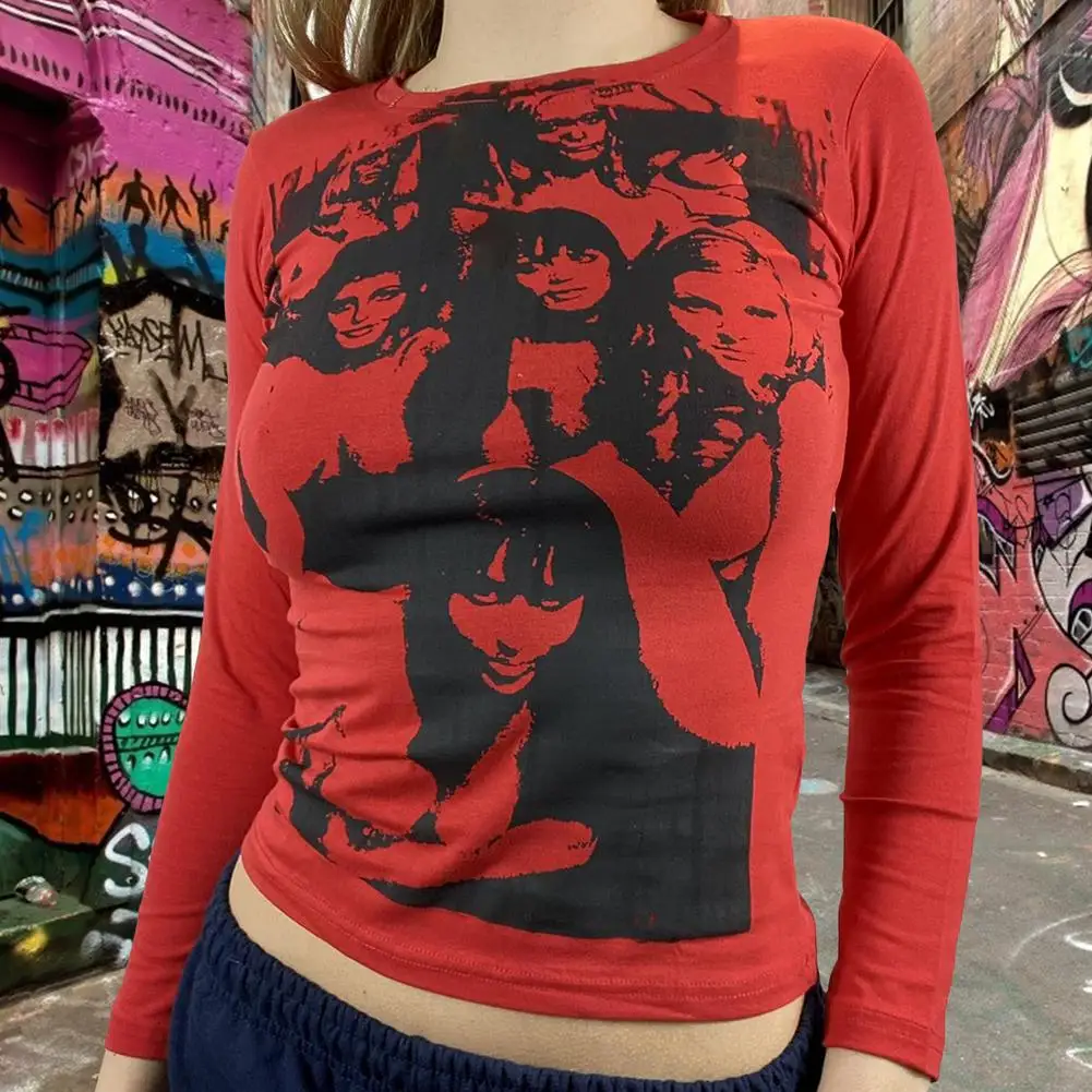 Y2k Women Graphic Top Vintage Face Portrait Long Sleeves T Shirt Long-sleeved Mesh With Navel E-Girl Sweatshirt Home Party 1