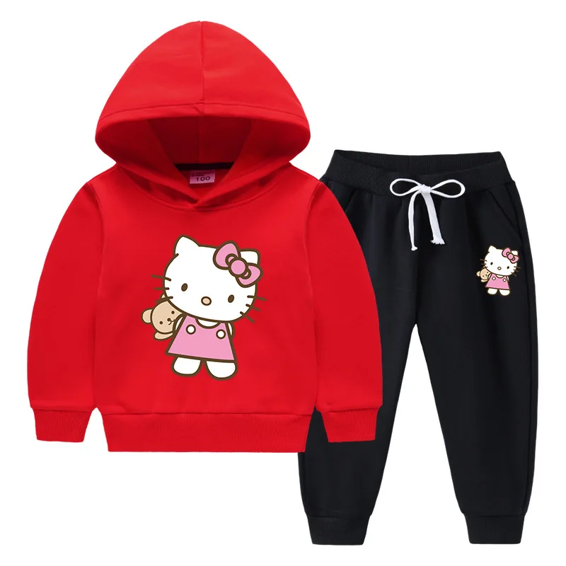 thumbnail image 1 of Hello Kitty suéter con capucha para niños + pantalones traje de otoño e invierno para niñas más ropa deportiva y de ocio cálida de terciopelo para niños, 1 of 5