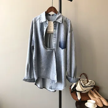 

Denim Shirt Women's 2020 Spring New Style Korean Elegant Mid-length Loose-Fit Long-sleeve Blouse Women's Casual Tops