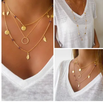 New Silver Color chain leaves multi layer pendant necklace for women Collier femme fashion jewelry 2020 Gold Color