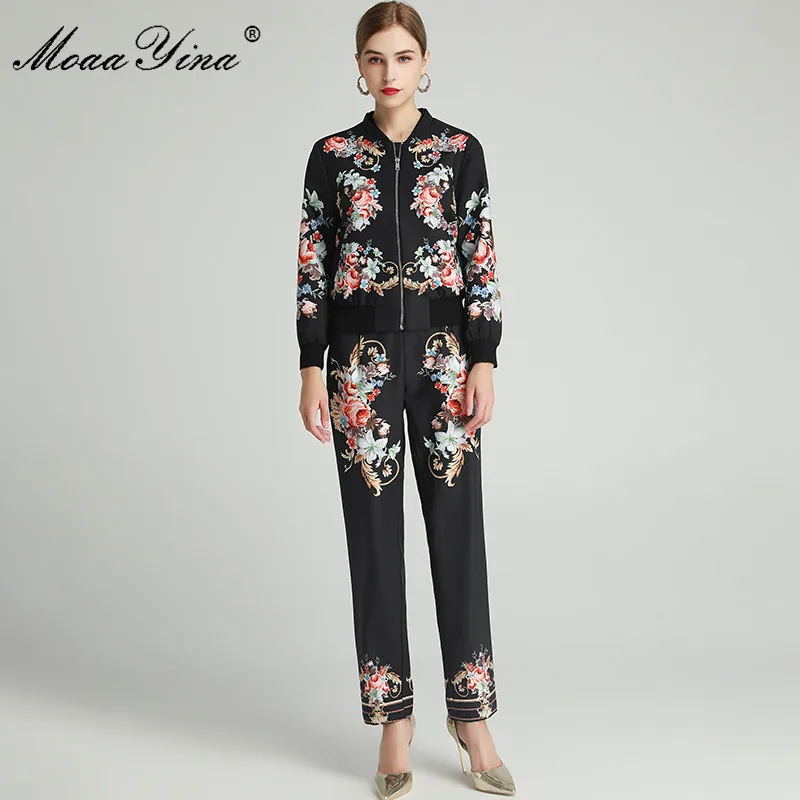 

MoaaYina Fashion Designer Set Spring Women's Long sleeve Zipper jacket Tops+Floral-Print trousers Keep warm Two-piece set