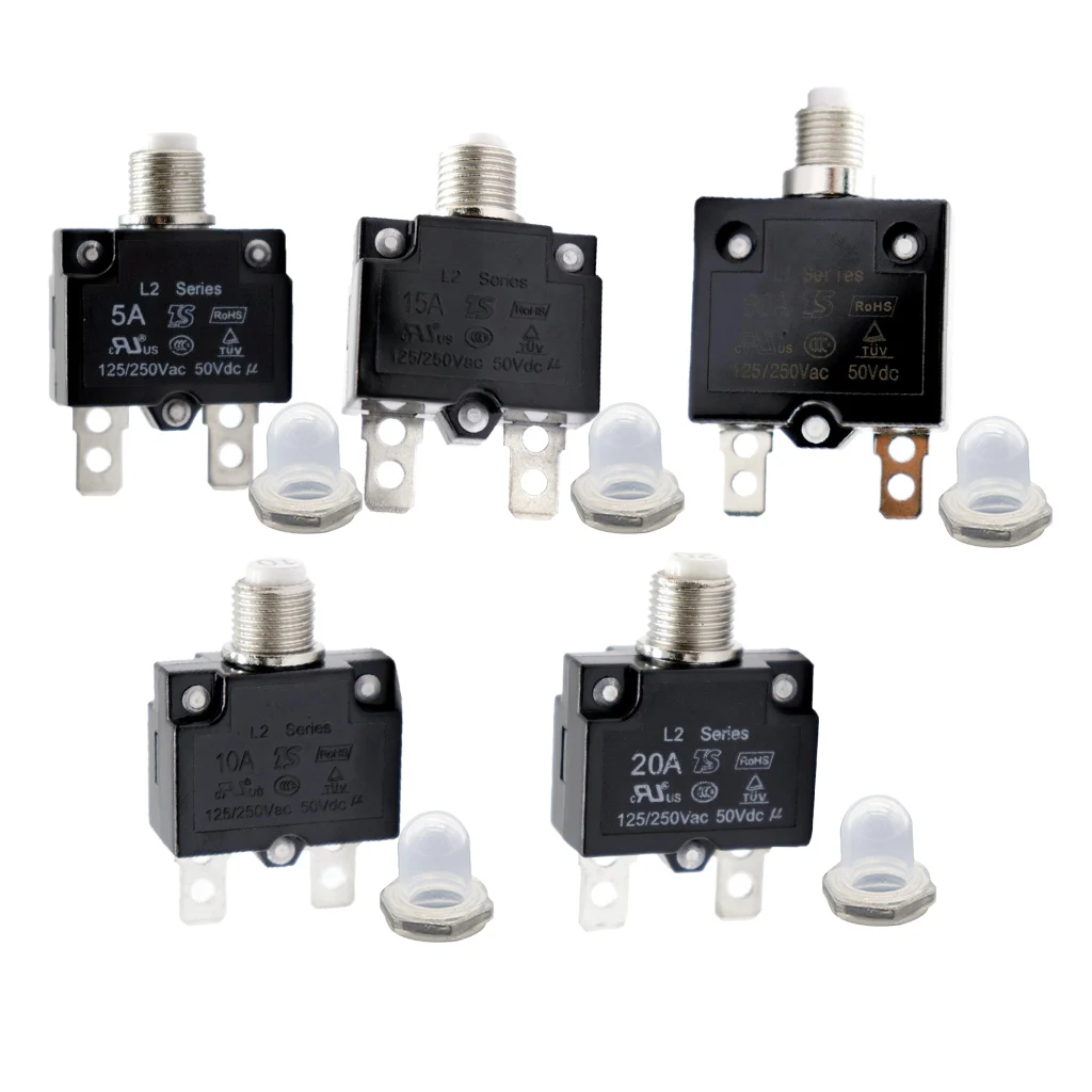 5 Pieces 5/10/15/20/30 Amp Push Button Circuit Breakers with Waterproof Button Transparent Cover, DC 50V AC 125-250V