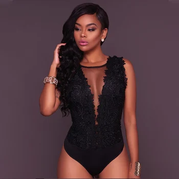 

Sexy Lace Floral Bodycon Bodysuits Women Sleeveless V-Neck Club Ladies Bodysuit 2020 Summer Solid Skinny Party Rompers Female