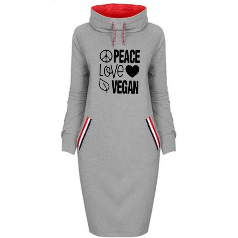 Peace Love Vegan толстовки с буквенным принтом для женщин длинные платья с высоким воротником Топы Kawaii толстовки кофты толстые Frauen