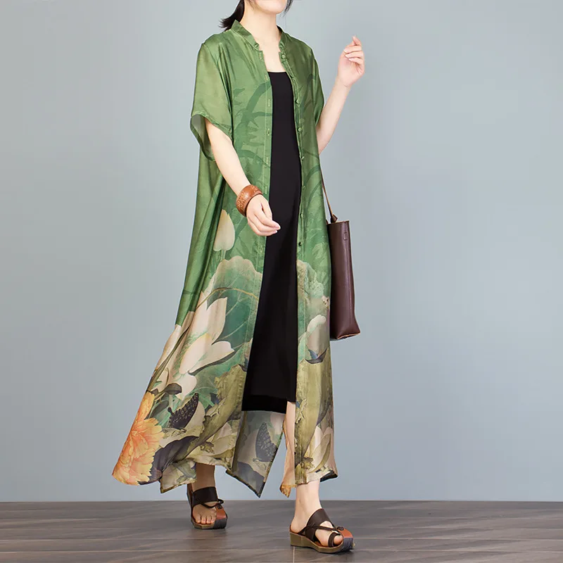 

19 Amoi Fashion Elegant Stand Collar Cardigan Dress Towel of Big Hemline Printed Versatile Sun-resistant WOMEN'S Dress + Camisol