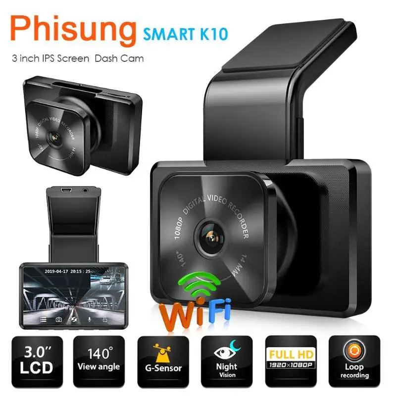 

K10 Full HD 1080P Dashcam with Rearview Camera Support WiFi App Playback Original Box Packaging Shooting Angle 140 Degrees