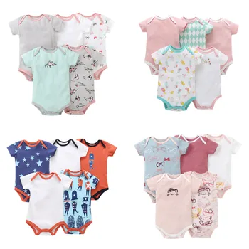 

bunvel 5PCS Rompers Baby Girl Summer Clothing Cartoon Pattern Outfits Clothes Short Sleeve Bodysuit Striped Baby Costume