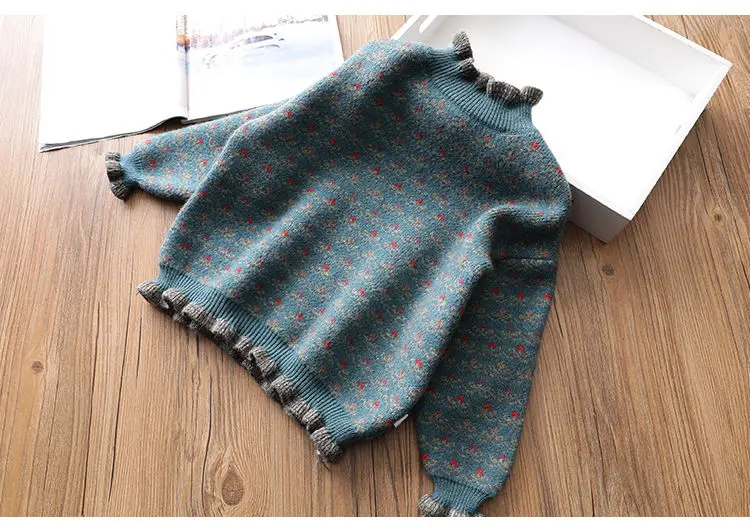 Plush inside flower color winter girl kid thick Knitted turtleneck shirts solid high collar pullover fluff sweater - Цвет: Синий