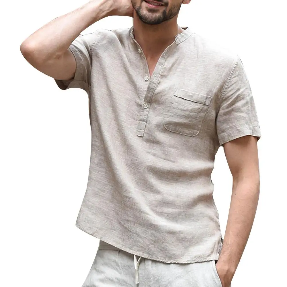 Summer Men Shirts Button V Neck Patch Pocket Linen Top Short Sleeve Shirt Summer Men's Clothing футболка XXXL