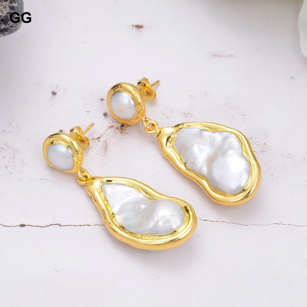 

White Keshi Pearl Gold color Plated Stud Earrings Nucleated Flameball Baroque Pearl earrings luxury wedding for women
