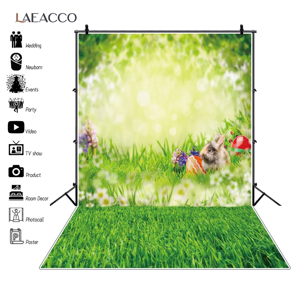 

Laeacco Spring Flower Grass Floor Light Bokeh Easter Eggs Rabbit Photography Backdrops Bunny Baby Party Backgrounds Photo Studio