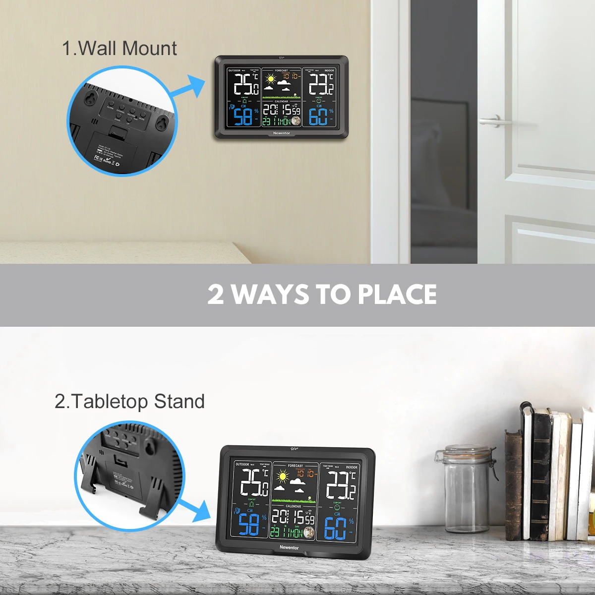 Newentor 기상 관측소 무선 알람 시계, 조절식 백라이트 원격 실내 실외 온도계, 습도 압력 센서