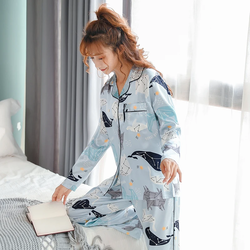 

Women Pajamas Silk Satin Floral print Pajama Sets spring autumn long sleeve Small Fresh Sleepwear Pijama Mujer Female Loungewear