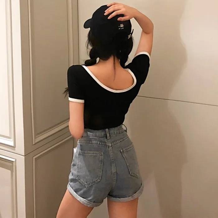 

5-14 Short Contrast Color Off-shoulder Slim Fit T-shirt Women's Korean-style CHIC Sexy Backless Versatile Short Sleeve V-neck Sh