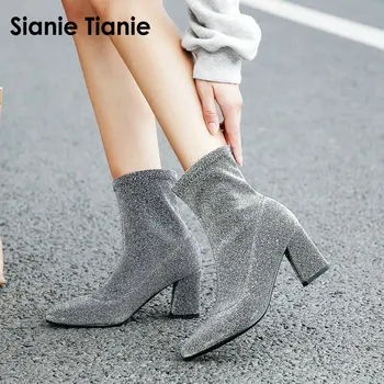 

Sianie Tianie pointed toe silver glitter black stretch ankle boots for woman fashion chunky block high heels women shoes booties