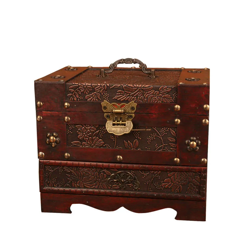 

Antique Chinese Style Wooden Vintage Vanity Box Cosmetic Box with Lock Wedding Jewelry Box Earrings Jewelry Storage Box