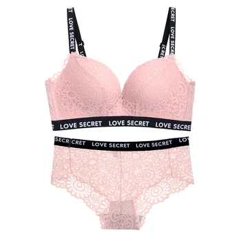 

Women Letter Straps Lace Bras Set Push Up Thicken 3/4 Cup Bralette Adjustment Gathered Underwear Set