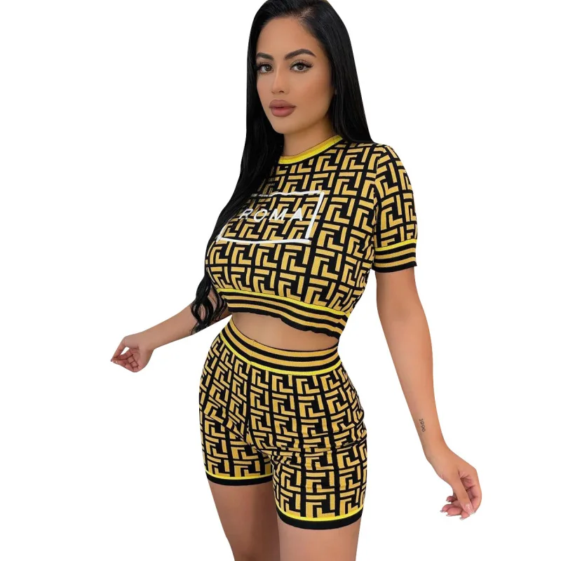 Women Short Sleeve two Piece Outfits Sports Tracksuit Sequin Lips Print Top and Short Pants Sweatsuit Set Yellow XL 