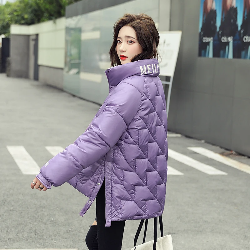 

Женские куртки с воротником-стойкой, красивые однотонные парки большого размера, женская зимняя свободная Толстая хлопковая подкладка с буквенным принтом, повседневная верхняя одежда