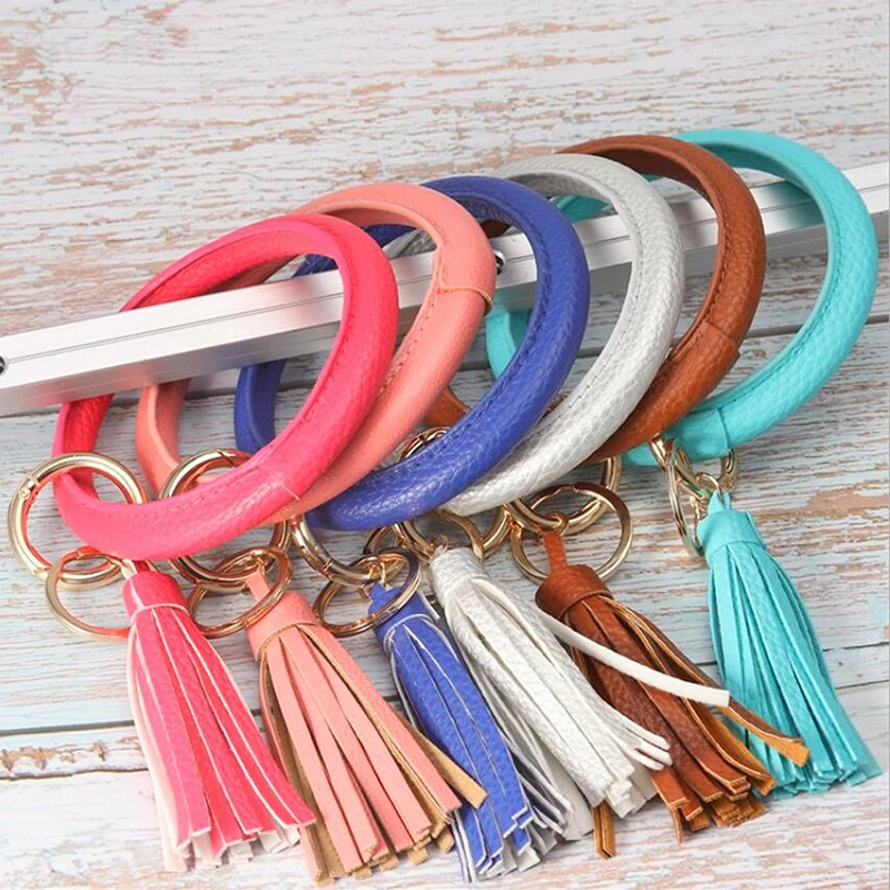 Bohemia Pu Leather Wristband Keychain Bangle Fashion Leopard Snake Gold Big Circle Key Ring Tassel Bracelet For Women | Украшения и