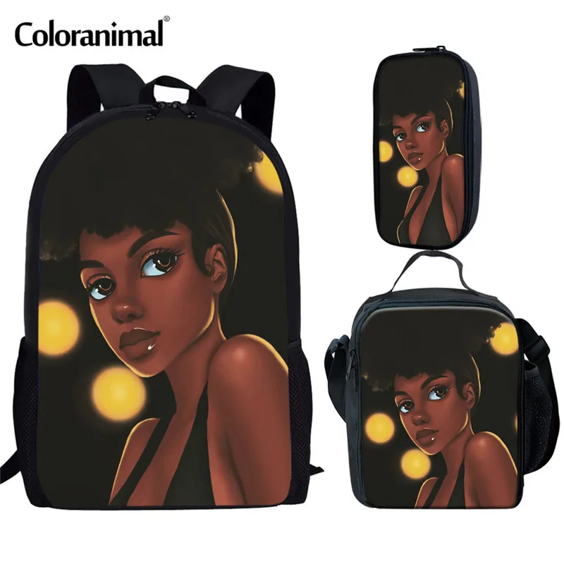 Рюкзак на плечо с цветными животными, комплект из 3 предметов, школьная сумка, черная, для девочек, афро меланин, королева, Художественная, подростковая, Книжная сумка, Mochila Escolar, для младенцев - Цвет: HK4169CGK