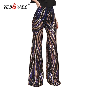 

SEBOWEL Sexy Mesh Women Sequin Trousers Black and Cobalt Ladies Long Flared Pants High Waist Pant 2019 Female Dance Bottoms S-XL