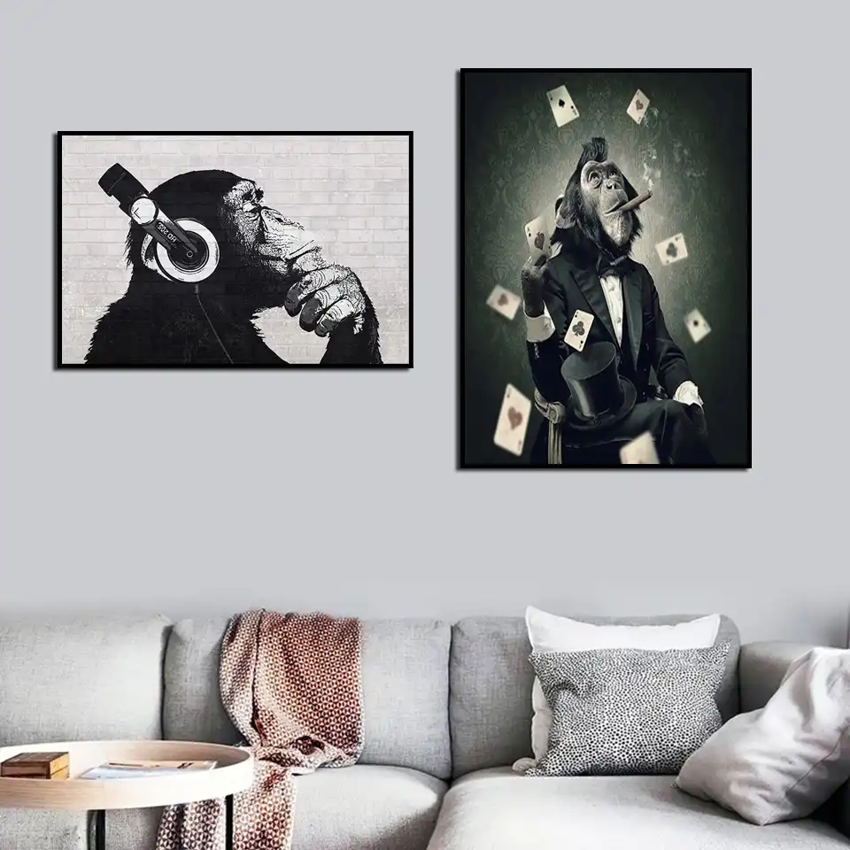 現代北欧hd印刷喫煙とトランプモンキーウォールアートキャンバス絵画抽象壁画リビングルームの家の装飾 絵画 書道 Aliexpress