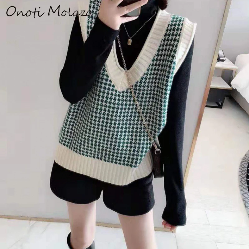 

Onoti Molazo Chic Knitted Plaid Vest Sweaters Women Autumn Casual Elegant Ladies Sweaters Vest Female 2020 Winter New Fashion