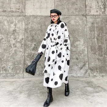 

2020 New Spring Long Sleeve Polka Dot Printed Long Dress Vintage Single Breasted Shirt Dress Straight Loose Cotton Dresses