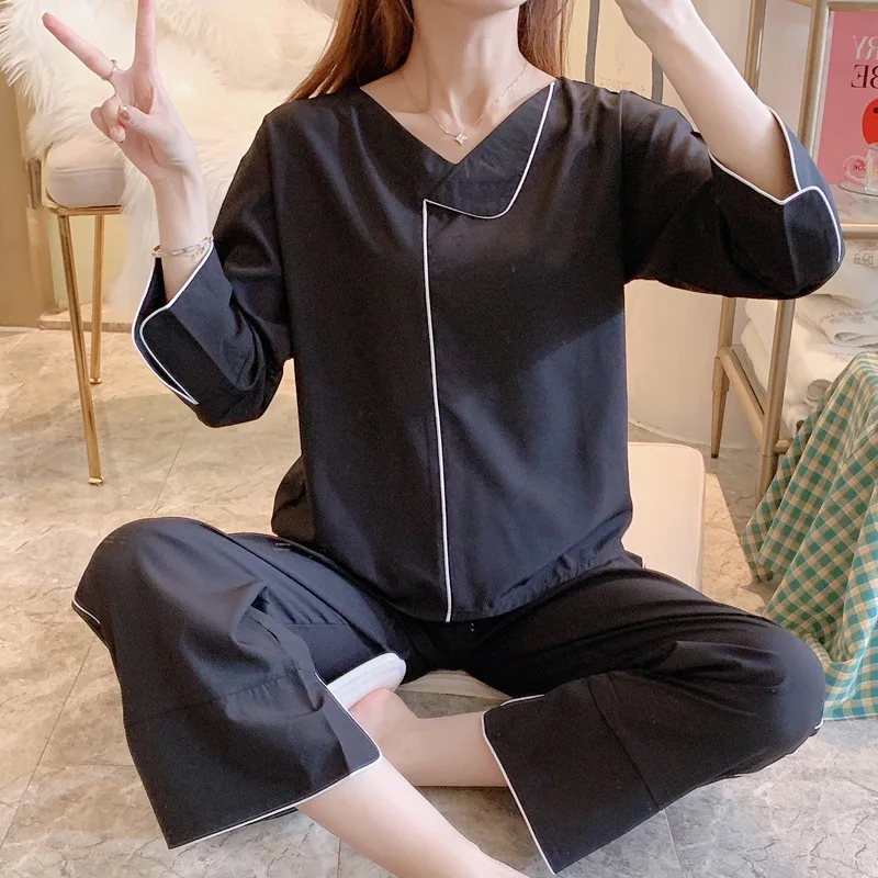 

Solid Color Sleep Set Pajamas Suit Sexy Nightgown Homewear Casual 2PCS Sleepwear Cotton Spring New Shirt&Pants Nightwear Sets