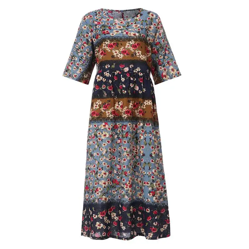 Vintage Women's Printed Maxi Dress ZANZEA Autumn Sundress Casual 3/4 Sleeve Linen Vestidos Patchwork Robe Plus Size S-5XL - Цвет: Синий