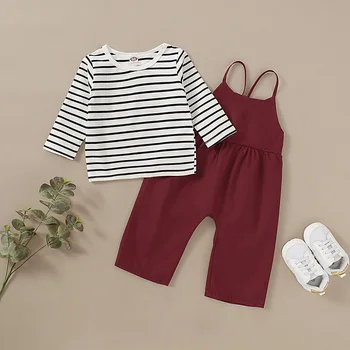 

Spring Autumn Series Girls Clothing New Korean Kid Set Long Sleeve Striped Top + Solid Color Sling 2 Pieces