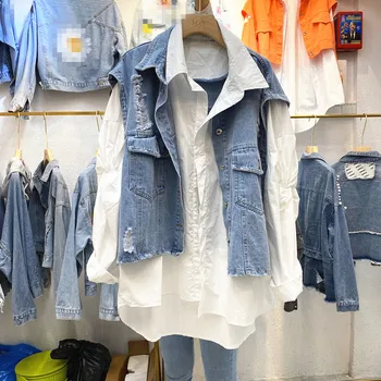 

Spring New Casual BF Jean Vests Coat Two Piece Sets Female Retro Frayed Loose-Fit Denim Waistcoat + Pleated Shirt Women's Suit