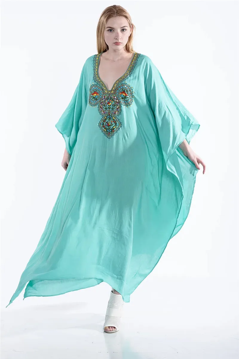 Embroidery Cotton Beach Cover Up Saida De Praia Swimwear Women Bikini Cover Up Tunics for Beach Pareo Sarong Beachwear Sky Blue