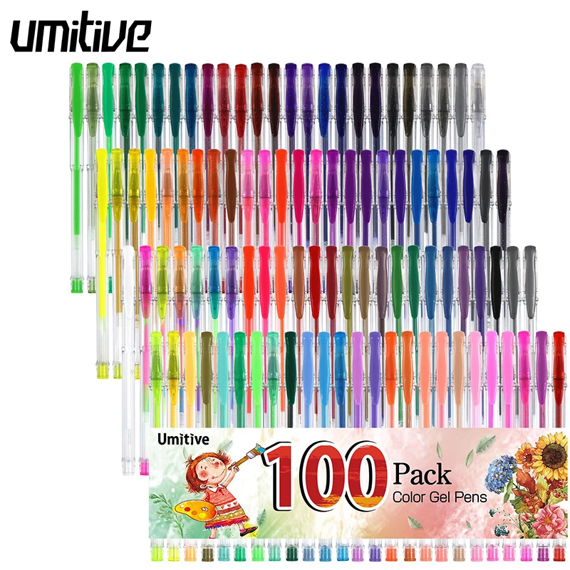 Umitive 100 Colors Glitter Gel Pens Set Fine Ink Multicolor for Adults Coloring Books DIY Craft Scrapbooking Artwork Drawing 24pcs set glitter gel pens 24 colors dual metallic ink sparkle pens 1mm liquid glitter iridescent gel pen for coloring books