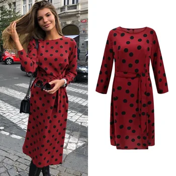 

BGW Plus Size Cocktail Dresses Red Blue Classic Wave Point Long Sleeves Round Neck Party Gowns With Sash Bodycon Dress Longuette