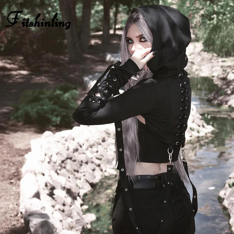Fitshinling Goth Dark Harajuku Толстовка на шнуровке черная толстовка с капюшоном женская с длинным рукавом Осенняя укороченная толстовка с капюшоном Polerones Grunge