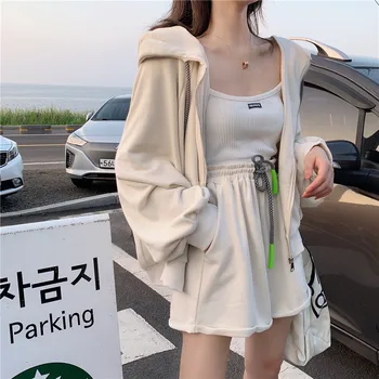 

Women Autumn Tracksuits 2 two Pieces Set Outfits Hooded Zipper Puff Sleeve Long Sweatshirts with Wide Leg Short Pants