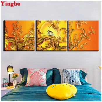 

3D Cross Stitch Full Square Diamond round,3pcs Bird And Tree Diamond Painting Diamond Embroidery triptych painting rhinestones