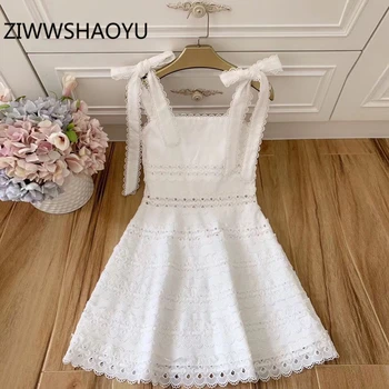 

ZIWWSHAOYU Summer Female White Backless Sexy Spaghetti Strap Dress Fashion Designer Women Embroidery Mini Linen Dresses