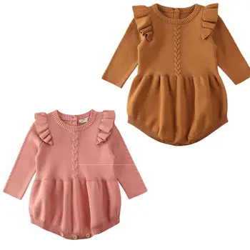 

Infant Newborn Baby Girls Playsuit Knitted Spring 0-3Y Baby Spring Autumn Clothing Long Sleeve Solid Ruffled Jumpsuit Outfit