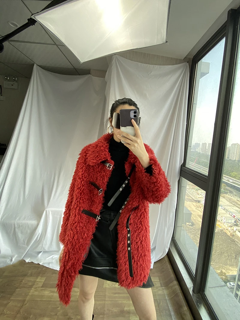 [EAM] Loose Fit Lambswool Split Big Size Thick Woolen Coat Parkas New Long Sleeve Women Fashion Tide Autumn Winter 1M420