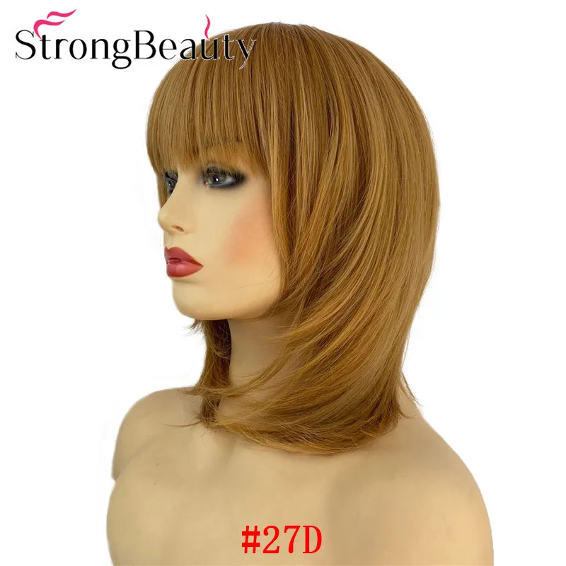 strongbeauty cabelo de comprimento médio em linha reta perucas femininas com puro bang sintético natural sem tampa