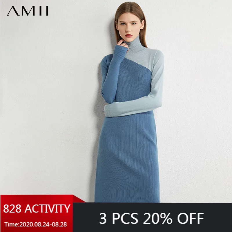 AMII Minimalism Autumn Knitted Women's Dress Fashion Spliced Slim Fit Turtleneck Women Sweater Female Autumn Dress 12070339 AMII Minimalism Autumn Knitted Women's Dress Fashion Spliced Slim Fit Turtleneck Women Sweater Female Autumn Dress 12070339