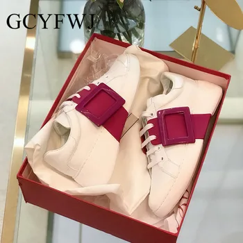 

GCYFWJ Women Square Buckle White Shoes Genuine Leather Height Increasing Platform Women's Casual Sneakers Scarpe Donna