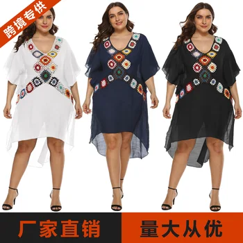 

Big Code Women's Wear Hand Crochet Flower Mixed Color Splicing Split Irregular Beach Dress Sun Protection Blouse Female F191230