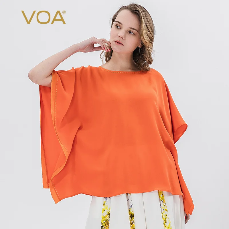 

VOA orange heavyweight silk round neck bat sleeve splicing bright line decoration asymmetric loose crisp casual T-shirt b9203