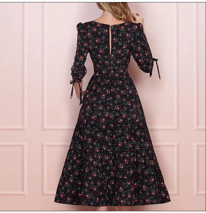 S. FLAVOR женское винтажное платье в стиле бохо с цветочным принтом весенние вечерние платья с рукавом три четверти и v-образным вырезом элегантное ТРАПЕЦИЕВИДНОЕ ПЛАТЬЕ