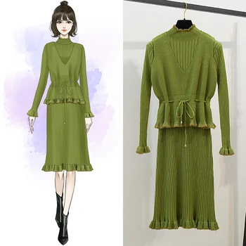

2019 New Winter Good Quality Suit Rabbit Wool Core-Spun Yarn And Pure And Fresh Knitted Vest Dress Two-Piece Sweater Set